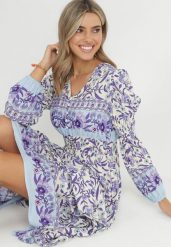Fioletowo-Beżowa Sukienka Boho z Wiskozy Lohine. Fioletowe sukienki Born2be, l, z aplikacjami, z wiskozy, boho, bez kołnierzyka, bez ramiączek, maxi, rozkloszowane. Za 84.99 zł.