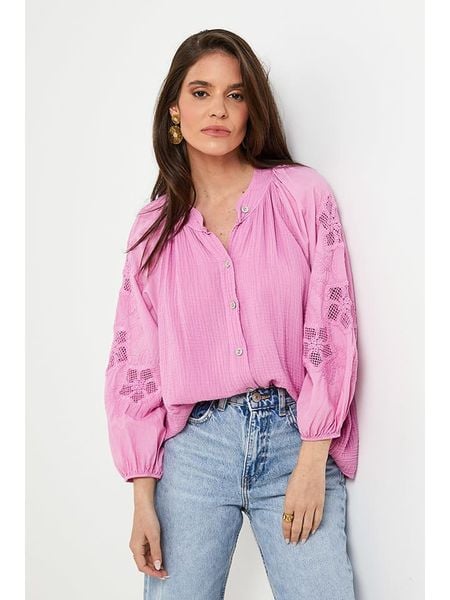 Rodier Lin Lniana bluzka w kolorze jasnoróżowym rozmiar: L/XL. Różowe bluzki Rodier Lin, l, bez wzorów, z koronki, bez kołnierzyka, bez ramiączek. Za 126.75 zł.