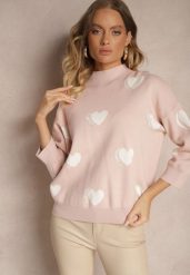 Jasnoróżowy Sweter z Wiskozą i Modalem Ozdobiony Sercami Zeanisia. Czerwone swetry Renee, s, bez wzorów, z jeansu, bez ramiączek. Za 99.99 zł.