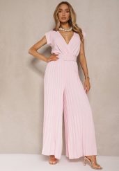 Różowy Kopertowy Kombinezon Wide Leg Zdobiony Plisami i Paskiem z Klamrą Salirella. Czerwone sukienki Renee, na wesele, l, z aplikacjami, eleganckie, bez kołnierzyka, bez ramiączek, kopertowe. Za 89.99 zł.
