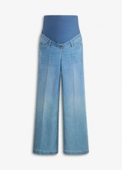 Szerokie jeansy ciążowe z elastycznego denimu, pełna długość. Niebieskie jeansy bonprix, bez wzorów. Za 179.99 zł.