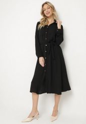 Czarna Koszulowa Sukienka z Materiałowym Paskiem Vivinara. Czarne sukienki Born2be, na co dzień, l, bez wzorów, z materiału, eleganckie, bez kołnierzyka, bez ramiączek, midi, koszulowe. Za 89.99 zł.