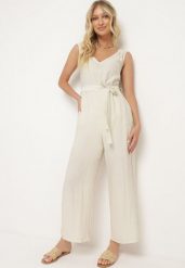 Jasnobeżowy Wiskozowy Kombinezon na Ramiączkach z Materiałowym Paskiem i Gumkami w Talii Zadia. Brązowe sukienki Born2be, na spotkanie biznesowe, na lato, l, bez wzorów, z materiału, bez kołnierzyka, bez ramiączek. Za 99.99 zł.