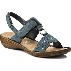 Sandały RIEKER - 60843-14 Blau. Niebieskie sandały Rieker, bez wzorów, ze skóry ekologicznej, bez obcasa, bez zapięcia. W wyprzedaży za 169.00 zł.