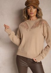 Ciemnobeżowy Sweter Ozdobiony Koralikami Cekinami Perełkami i Siateczkowymi Wstawkami Evathraea. Brązowe swetry Renee, l, z aplikacjami, bez ramiączek. Za 119.99 zł.