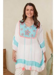 Curvy Lady Tunika w kolorze biało-niebieskim rozmiar: 44/46. Białe tuniki Curvy Lady, bez wzorów, z wiskozy, klasyczne, bez kołnierzyka, bez ramiączek. Za 92.42 zł.