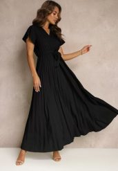 Czarna Koktajlowa Maxi Sukienka Ozdobiona Plisami z Trójkątnym Dekoltem i Wiązaniem w Talii Phoelia. Czarne sukienki Renee, na imprezę, l, bez wzorów, eleganckie, bez kołnierzyka, bez ramiączek, maxi. Za 79.99 zł.