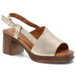 Sandały damskie Vinceza, cholewka ze skóry naturalnej na stabilnym klocku, złote, 39994. Żółte sandały VINCEZA, bez wzorów, z materiału, eleganckie, bez obcasa, na obcasie, bez zapięcia. Za 159.00 zł.