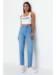 Trendyol Dżinsy - Tapered fit - w kolorze błękitnym rozmiar: 40. Niebieskie jeansy Trendyol, bez wzorów, z podwyższonym stanem. Za 101.23 zł.