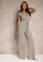 Beżowo-Czarny Kombinezon z Dodatkiem Wiskozy z Wiązaniem w Talii w Geometryczny Wzór Trosofia. Brązowe sukienki Renee, l, bez wzorów, z wiskozy, eleganckie, bez kołnierzyka, bez ramiączek. Za 149.99 zł.
