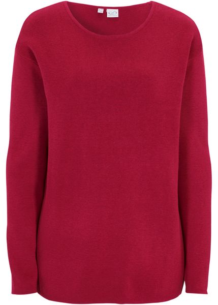 Sweter z dzianiny Milano w prążek, z okrągłym dekoltem. Czerwone swetry bonprix, bez wzorów, z dzianiny, bez ramiączek. Za 102.99 zł.