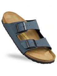 Birkenstock Klapki "Arizona" w kolorze błękitnym rozmiar: 45. Niebieskie klapki Birkenstock, bez wzorów, z otwartym noskiem, bez obcasa. Za 352.45 zł.