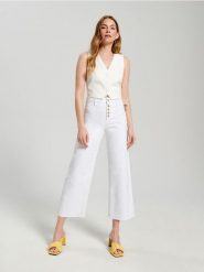 Jeansy cropped high waist - kremowy. Białe jeansy Sinsay, l, bez wzorów, z podwyższonym stanem. Za 89.99 zł.