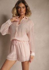 Jasnoróżowy Komplet z Tkaniny z Cyrkoniami Koszula i Szorty Jeniviela. Czerwone koszule Renee, l, bez wzorów, z tkaniny, eleganckie, bez kołnierzyka, bez ramiączek. Za 139.99 zł.