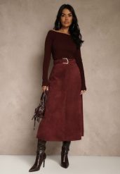 Bordowa Spódnica z Wiskozy z Bawełną z Imitacji Zamszu z Paskiem Oliweda. Czerwone spódnice Renee, na co dzień, l, bez wzorów, z bawełny, midi. Za 139.99 zł.