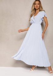 Jasnoniebieska Plisowana Sukienka Maxi o Rozkloszowanym Kroju z Kopertowym Dekoltem Ofilva. Niebieskie sukienki Renee, m, bez wzorów, eleganckie, bez kołnierzyka, bez ramiączek, maxi, kopertowe. Za 69.99 zł.