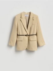 Marynarka z paskiem - beżowy. Brązowe marynarki i żakiety Reserved, l, bez wzorów, z tkaniny. Za 229.99 zł.