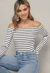 Biało-Niebieska Bluzka z Bawełny Ozdobiona Paskami Alali. Białe bluzki Born2be, s, bez wzorów, z bawełny, eleganckie, bez kołnierzyka, bez ramiączek. W wyprzedaży za 46.74 zł.