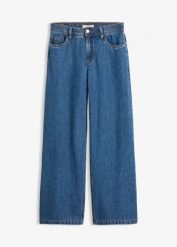 Lekkie jeansy wide leg, mid waist, cropped. Niebieskie jeansy bonprix, bez wzorów. Za 124.99 zł.