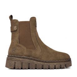 Botki Rieker. Brązowe botki Rieker, bez wzorów, bez obcasa, na koturnie, bez zapięcia. Za 399.99 zł.
