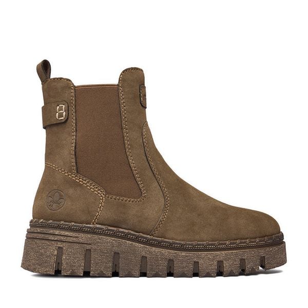 Botki Rieker. Brązowe botki Rieker, bez wzorów, bez obcasa, na koturnie, bez zapięcia. Za 399.99 zł.