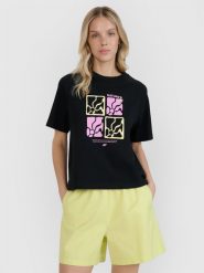 4F T-shirt oversize z nadrukiem damski - czarny S. Czarne koszulki sportowe 4f, bez wzorów, z bawełny, bez ramiączek. W wyprzedaży za 39.99 zł.