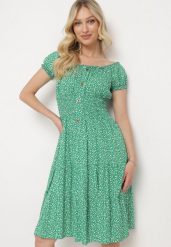 Zielona Bawełniana Sukienka w Drobne Kwiaty z Gumkami w Talii Fielita. Zielone sukienki Born2be, na spotkanie biznesowe, na lato, m, bez wzorów, z bawełny, eleganckie, bez kołnierzyka, bez ramiączek, mini. Za 39.99 zł.
