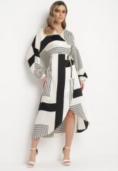 Beżowo-Czarna Sukienka Kopertowa Kimono z Geometrycznym Wzorem i Wiązanym Paskiem Klerossa. Brązowe sukienki Born2be, l, bez wzorów, bez kołnierzyka, bez ramiączek, midi, kopertowe. Za 139.99 zł.