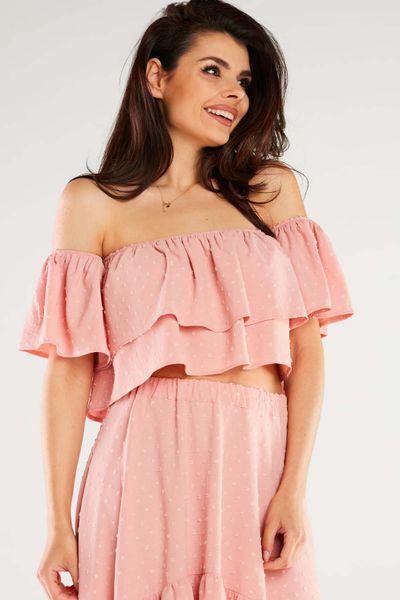 Krótki Top w Hiszpańskim Stylu - Pudrowa. Brązowe topy Awama, l, bez wzorów, z elastanu, bez kołnierzyka, bez ramiączek. Za 149.90 zł.