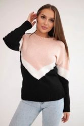 Sweter w geometryczne wzory pudrowy róż+czarny. Czarne swetry KESI, na zimę, l, bez wzorów, z wełny, bez ramiączek. Za 158.92 zł.