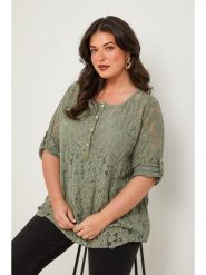 Curvy Lady Bluzka w kolorze khaki rozmiar: 48/50. Brązowe bluzki Curvy Lady, bez wzorów, z koronki, klasyczne, bez kołnierzyka, bez ramiączek. Za 96.83 zł.
