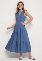 Niebieska Wiskozowa Sukienka z Falbankami Sadoline. Niebieskie sukienki Born2be, na co dzień, m, bez wzorów, z wiskozy, boho, bez kołnierzyka, bez ramiączek, maxi. Za 69.99 zł.