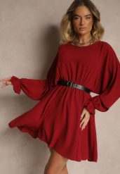 Bordowa Rozkloszowana Sukienka z Gumką w Talii i przy Mankietach Tesunela. Czerwone sukienki Renee, na co dzień, bez wzorów, eleganckie, bez kołnierzyka, bez ramiączek, mini, rozkloszowane. Za 64.99 zł.
