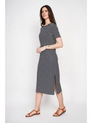 ASSUILI Sukienka w kolorze granatowym rozmiar: 38. Niebieskie sukienki Assuili, na co dzień, bez wzorów, bez kołnierzyka, bez ramiączek, midi, proste. Za 121.99 zł.