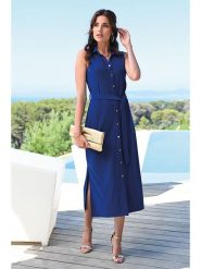 Bleu d'Azur Sukienka "Senza" w kolorze niebieskim rozmiar: 42. Niebieskie sukienki Bleu d'Azur, na co dzień, w ażurowe wzory, klasyczne, bez kołnierzyka, bez ramiączek, midi, proste. Za 246.53 zł.