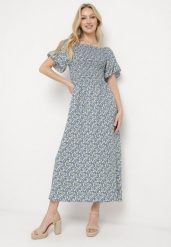 Niebieska Bawełniana Sukienka w Kwiatki z Hiszpańskim Elastycznym Dekoltem Bleriama. Niebieskie sukienki Born2be, na randkę, m, bez wzorów, z bawełny, eleganckie, bez kołnierzyka, bez ramiączek, maxi. Za 39.99 zł.
