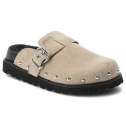 Klapki damskie Big Star, cholewka ze skóry naturalnej zamszowej z regulowanym paskiem i sprzączką, beżowe, RR274A376. Brązowe klapki Big Star, bez wzorów, ze skóry, bez obcasa. Za 215.90 zł.