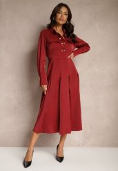 Bordowa Koszulowa Sukienka o Rozkloszowanym Kroju z Gumką w Pasie i Imitacją Kieszeni Etaviela. Czerwone sukienki Renee, na co dzień, l, bez wzorów, eleganckie, bez kołnierzyka, bez ramiączek, midi, kopertowe. Za 149.99 zł.