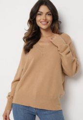 Ciemnobeżowy Sweter z Dekoltem w V z Domieszką Kaszmiru Mariara. Brązowe swetry Born2be, uniwersalny, bez wzorów, z jeansu, bez ramiączek. W wyprzedaży za 93.49 zł.