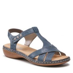 Sandały Rieker. Niebieskie sandały Rieker, bez wzorów, bez obcasa, na płaskiej podeszwie, bez zapięcia. Za 259.99 zł.