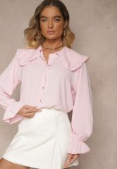 Różowa Koszula Ozdobiona Falbankami i Kołnierzykiem Evirana. Czerwone koszule Renee, uniwersalny, z aplikacjami, z jeansu, eleganckie, bez kołnierzyka, bez ramiączek. Za 59.99 zł.