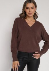 Brązowy Sweter z Dekoltem w V z Domieszką Kaszmiru Mariara. Brązowe swetry Born2be, uniwersalny, bez wzorów, z jeansu, bez ramiączek. Za 109.99 zł.