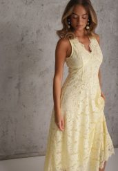Żółta Rozkloszowana Sukienka z Koronki z Taliowaną Gorsetową Górą Apadina. Żółte sukienki Renee, l, bez wzorów, z koronki, eleganckie, bez kołnierzyka, bez ramiączek, maxi, gorsetowe. Za 199.99 zł.