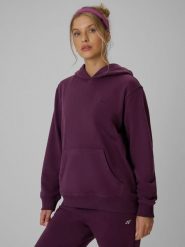 4F Bluza dresowa relaxed z kapturem damska - fioletowa M. Fioletowe bluzy 4f, l, bez wzorów, z bawełny, z kapturem. Za 149.99 zł.