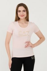 EA7 Różowy damski t-shirt z cyrkoniami, Rozmiar M. Czerwone t-shirty EA7 Emporio Armani, m, bez wzorów, bez kołnierzyka, bez ramiączek. W wyprzedaży za 189.99 zł.