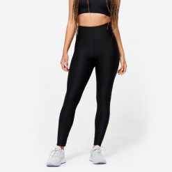 Legginsy fitness damskie Domyos. Czarne legginsy DOMYOS, l, bez wzorów, z elastanu, z podwyższonym stanem. Za 59.99 zł.