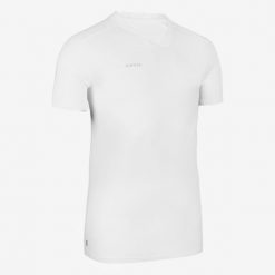 Koszulka do piłki nożnej Kipsta Essential. Białe bluzki KIPSTA, l, bez wzorów, z materiału, sportowe, bez kołnierzyka, bez ramiączek. Za 29.99 zł.