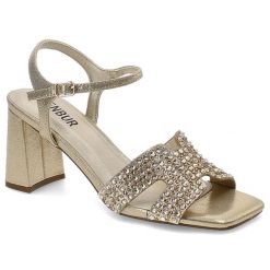 Złote Sandały Menbur Eleganckie Obuwie Damskie. Żółte sandały Menbur, z aplikacjami, z materiału, eleganckie, bez obcasa, na obcasie, bez zapięcia. Za 239.00 zł.