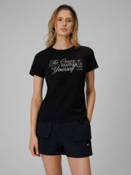 4F T-shirt regular z nadrukiem damski - czarny XS. Czarne t-shirty 4f, xs, bez wzorów, z bawełny, bez kołnierzyka, bez ramiączek. Za 59.99 zł.