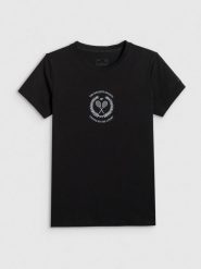 4F T-shirt slim z nadrukiem damski - czarny L. Czarne t-shirty 4f, l, bez wzorów, z bawełny, bez kołnierzyka, bez ramiączek. Za 59.99 zł.